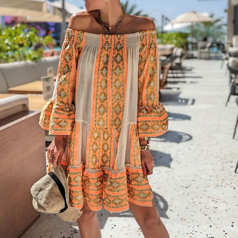 2023 nowe wakacje głęboki dekolt damska sukienka nadruk w stylu Vintage luźna Mini sukienka moda lato szwy wzburzyć Flare rękaw Boho sukienka
