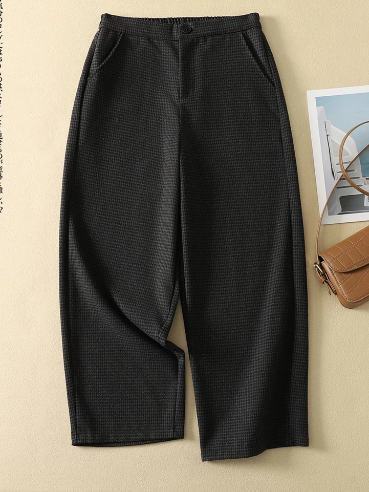 

High Waist Wide Leg Pants Women's Plaid Woolen Kilt Casual Sle Nine Points Conceal Meat Large Size Ladies Trousers