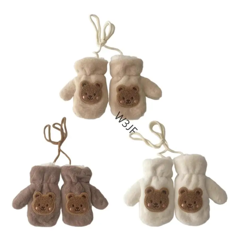 

W3JF Cartoon Bear Warm Mittens Lovely Handmuffs Neck Chain Gloves for Cold Weather