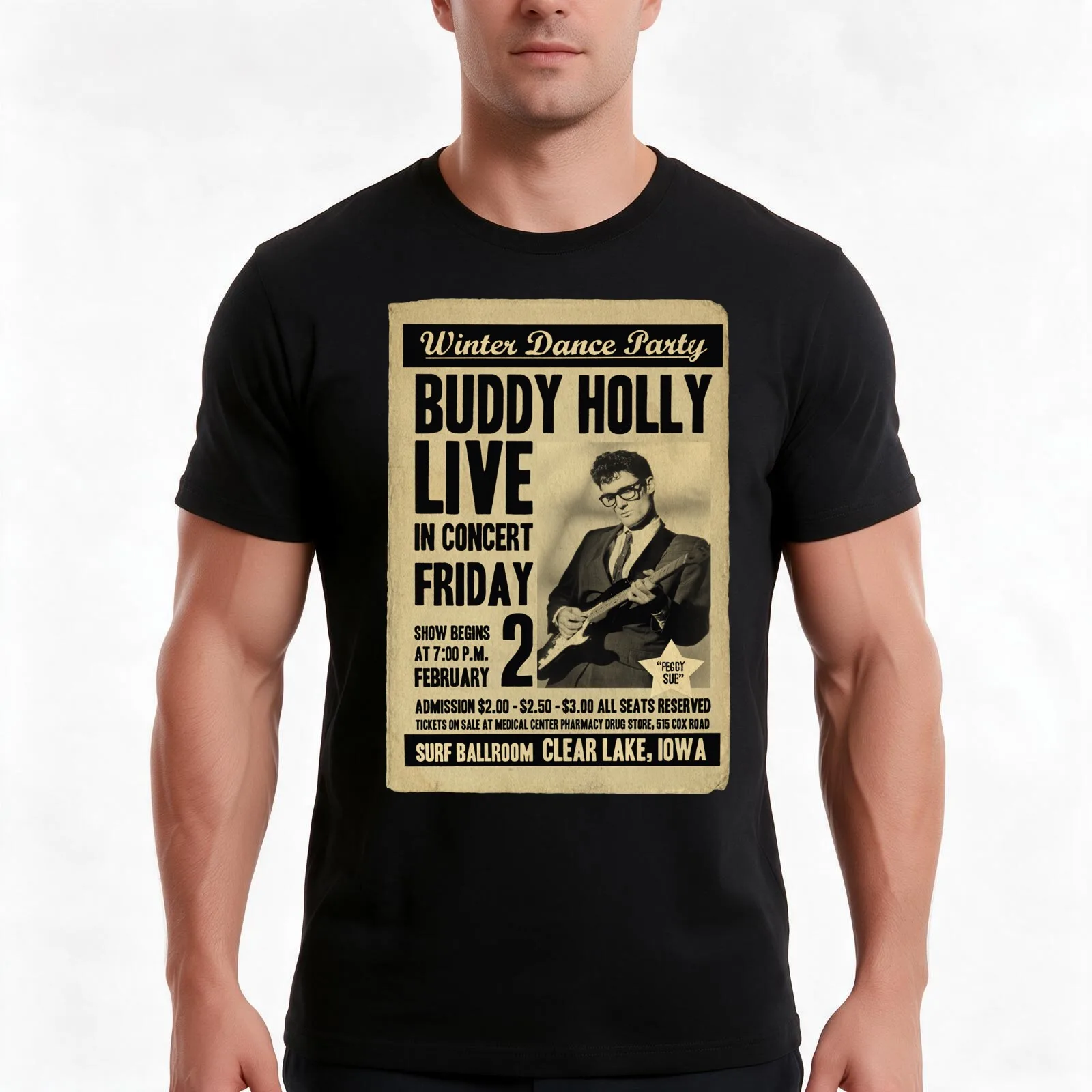 Buddy Holly Concert Poster. T-Shirt Summer Casual Cotton Tee Unisex Men Women
