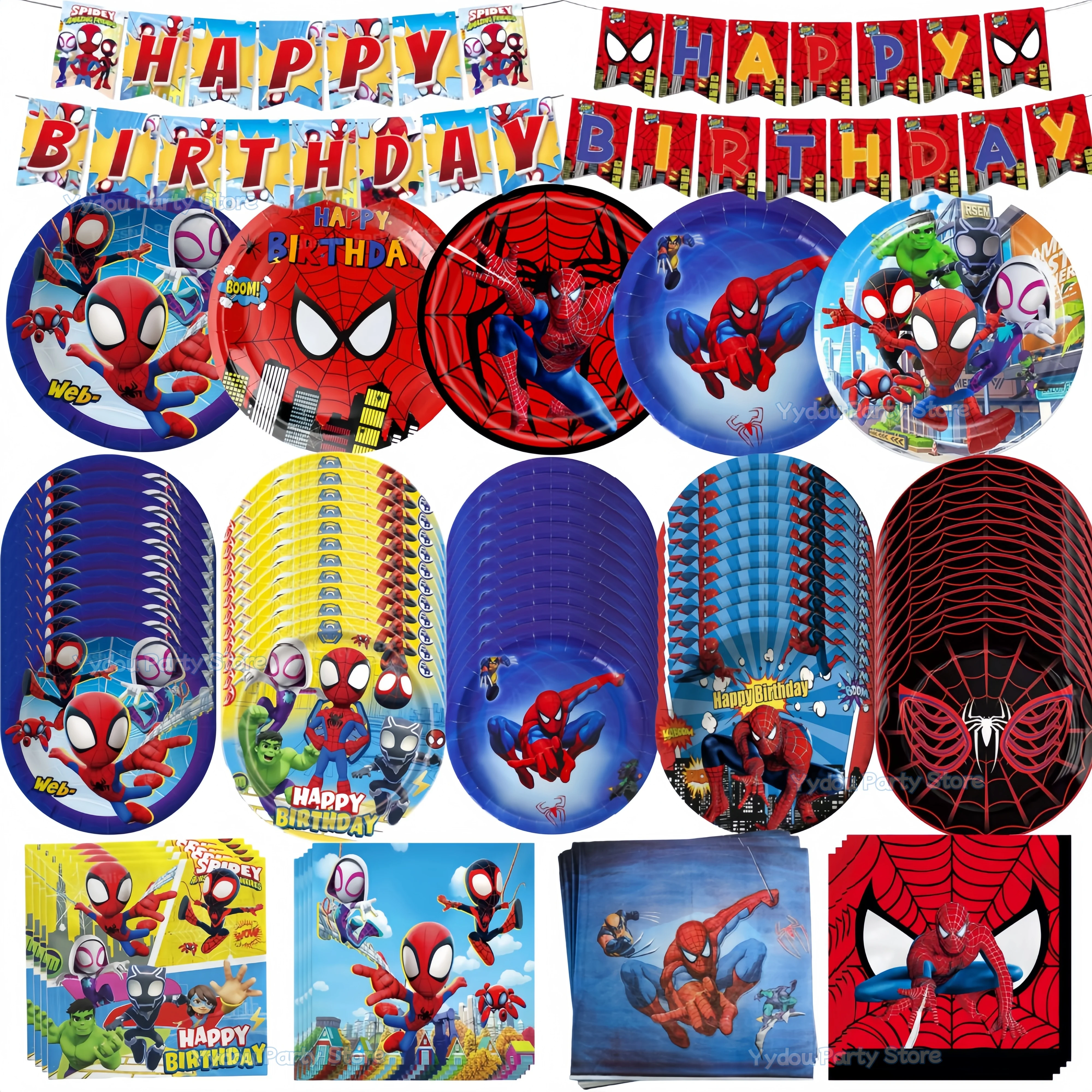 Spidey Man Geburtstagsparty-Dekorationen, Tischgeschirr, Pappbecher, Teller, Servietten, Tischdecke, Banner, Partygeschenke, Fotorequisiten