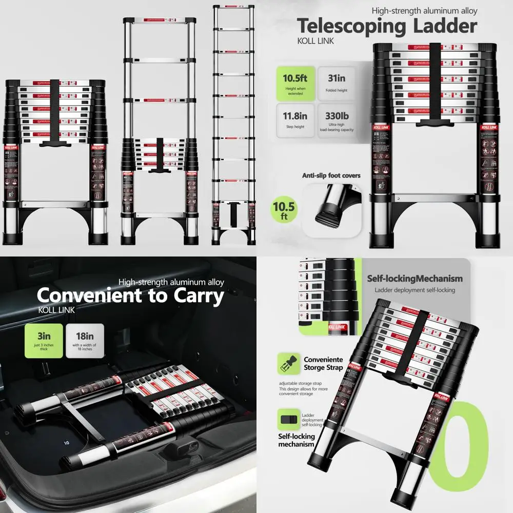 

Aluminum Extension Ladder 10.5 Feet Lightweight with 2 Stabilizers, Multi-Purpose for RV, EN131 Certified, 330lb Capacity