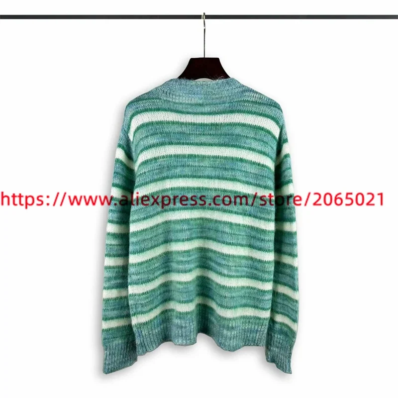 Green Mohair Stripe Knit Sweater Men Women Round Neck Oversize Sweatshirts