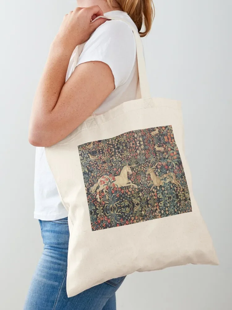

UNICORN AND DEER AMONG FLOWERS, FOREST ANIMALS FLEMISH FLORAL Tote Bag custom tote bag cute tote bag