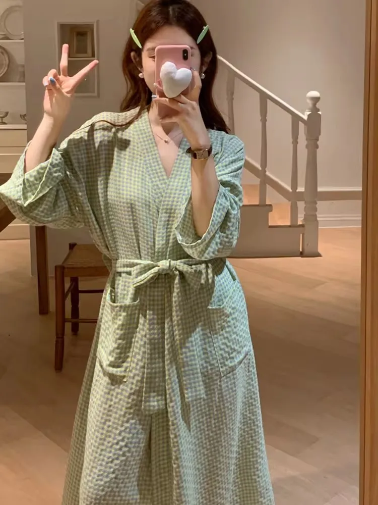 Home Soft Summer Stripe Long Sleeve Plaid Sleepwear Women Elegant Casual Long nightgown Korean Style Simple Sweet Sleep Tops Ins