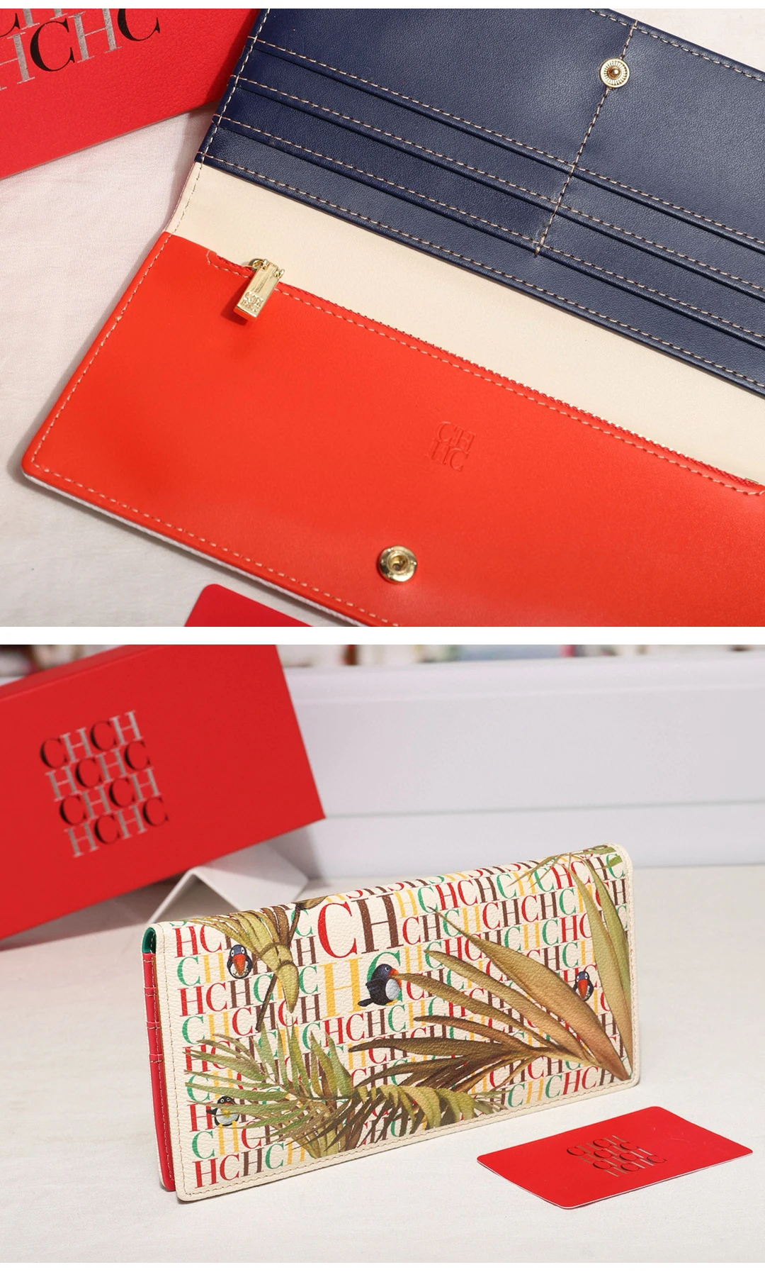 CH Damen Alltags-Geldbörse, bunt, Monogramm, Gold-Logo, mehrere Kartenfächer, Reißverschluss-Münzfach, Druckknopfverschluss, All-Match-Geldbörse – Detail 4