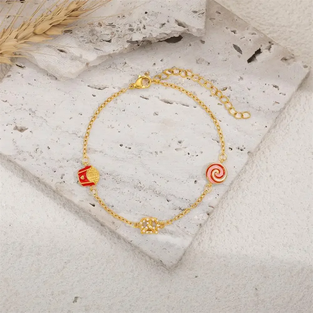 18K Gold Plated Lollipop Donuts French Fries Chain Bracelets Women Hypoallergenic Non Tarnish Knot Zircon Bangle Birthday Gift