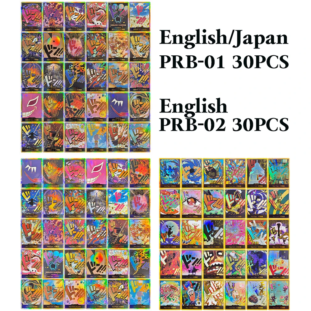 

Набор из 30 цельных карт One Piece: Аниме-карты OPCG с золотым тиснением, текстурой и фольгой, PRB-01 (Япония/Англия), PRB-02 EN. Коллекционные игрушки, подарки, карты.
