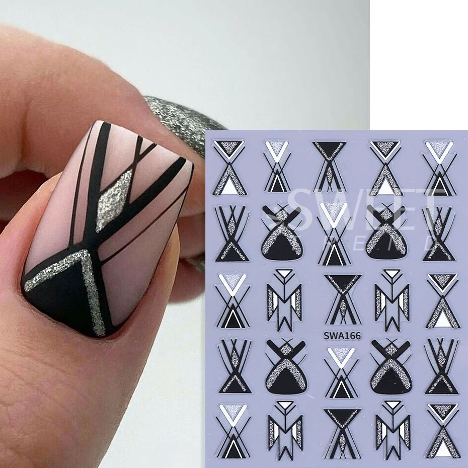 2pcs Nail Stickers Glitter Gold Silver lrregular Geometric Line French Design Adhesive Nail Decal DIY Manicure Decoration Slider
