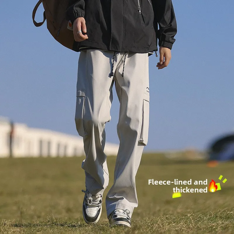 

Утепленные флисовые рабочие брюки мужские осенне-зимние, уличные брюки-карго прямого кроя, модные повседневные брюки для подростков