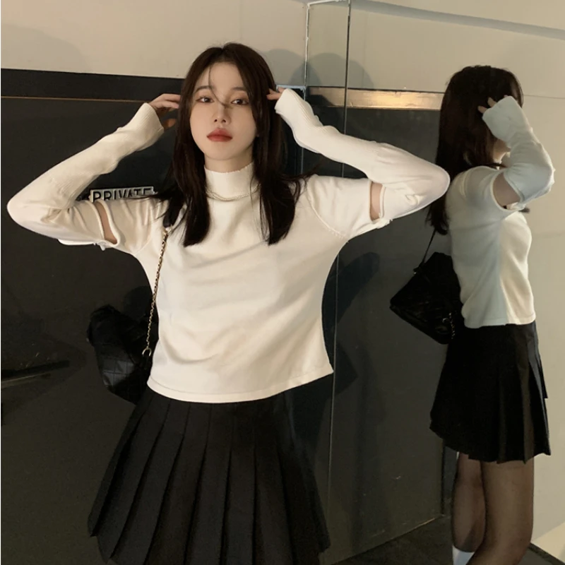 Pullovers Woman Spliced Fashion Solid Half High Collar Casual Office Ladies Slim All-match Streetwear Korean Style Simple Autumn