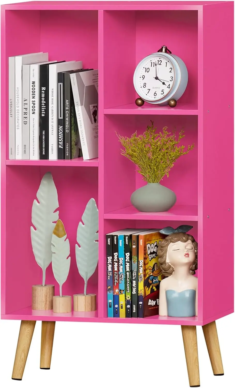 

5 Cube Bookshelf, 3-Tier Bookcase with Legs, Pink Kids Book Shelf Cute Storage Organizer, Free Standing Open Toy Shelves