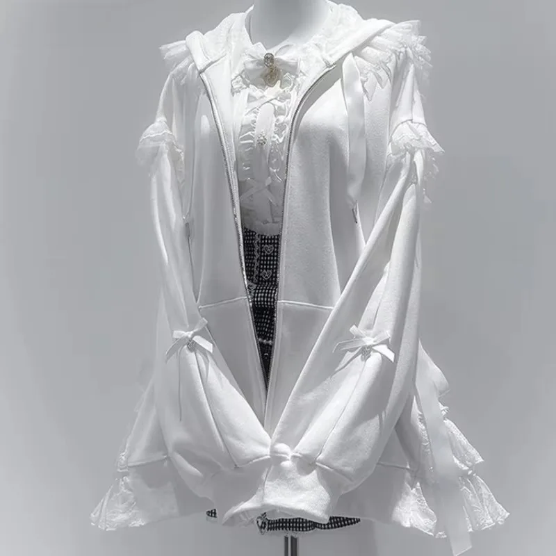 Women Sweet Lolita Zipper Hoodie  Long Sleeve Hooded Harajuku Loose Sweatshirt Autumn