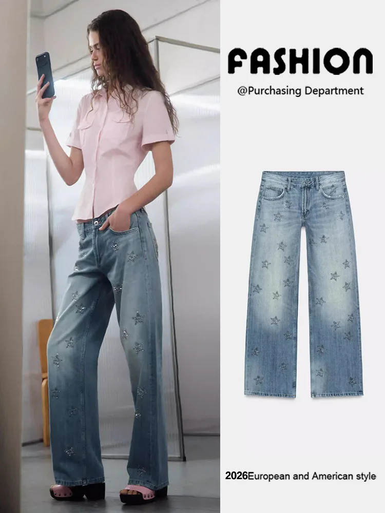 

Новинка весенней коллекции: женские универсальные джинсы с низкой посадкой, широкими штанинами и декором из страз, элегантные, повседневные, модные