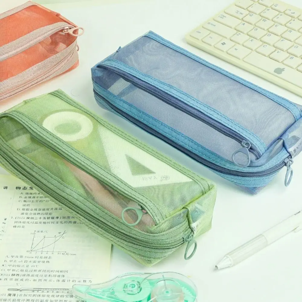 Dubbellaags mesh pennenzak Transparant etui met grote capaciteit Hoge kwaliteit duurzame briefpapier opbergtas Student