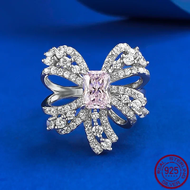 

New Bow Simulation High Carbon Diamond S925 Pure Silver Luxury Surrounding Vintage Pink Diamond Ring Jewelry