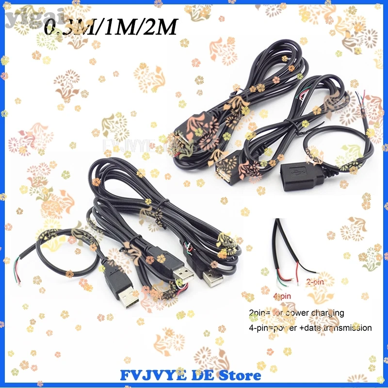 USB Connector Male Female Cable 4 Pin Wire Data Cable Extension Cord 2 Pin Power Supply for DIY 5V Adapter Charging 0.3M 1M 2M