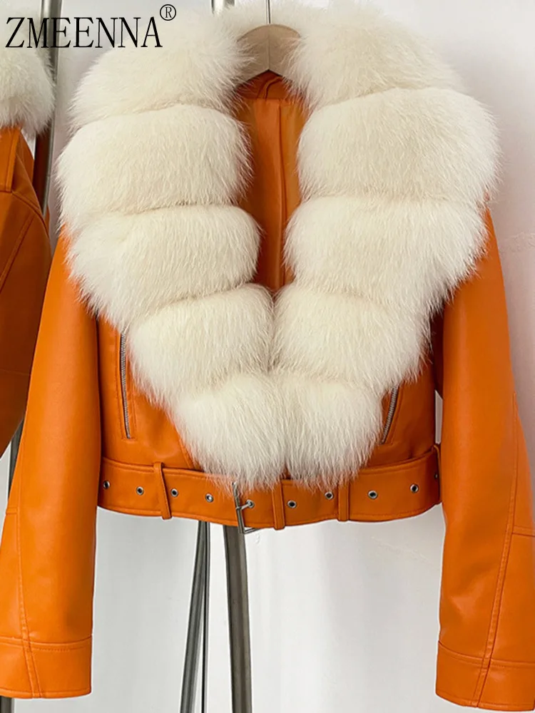 

ZMEENNA Women's Faux Leather Moto Jacket With Detachable Fluffy Fur Collar Fashion Warm Winter Short Coat ZM4052