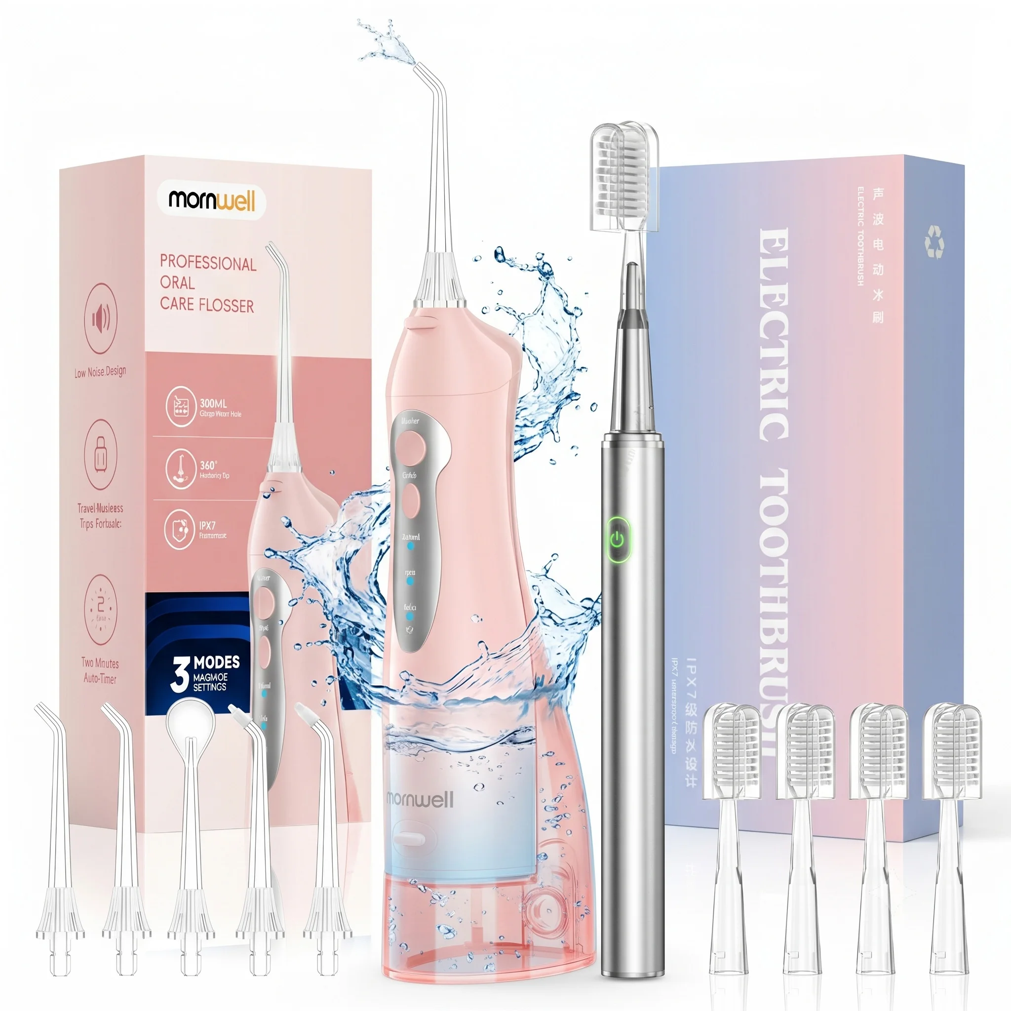 Portable Water Flosser & Electric Toothbrush Combo, Deep Teeth Cleaning, Gum Care, Rechargeable Oral Care Set for Home Travel