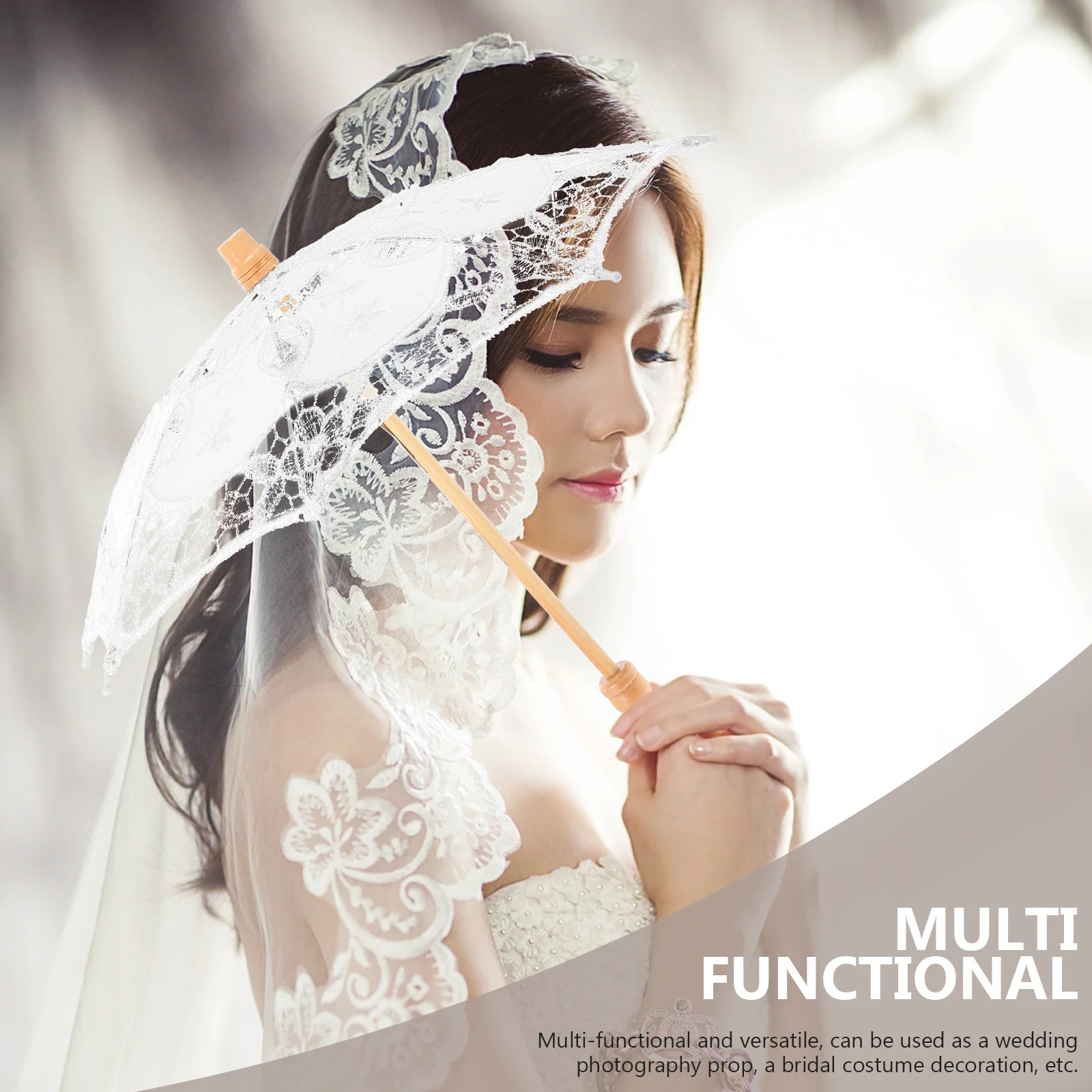

Elegant Lace Umbrella Parasol Bride Costume Wedding Photography Prop Tea Party Decorative Vintage Wood Handle Bridal Veil