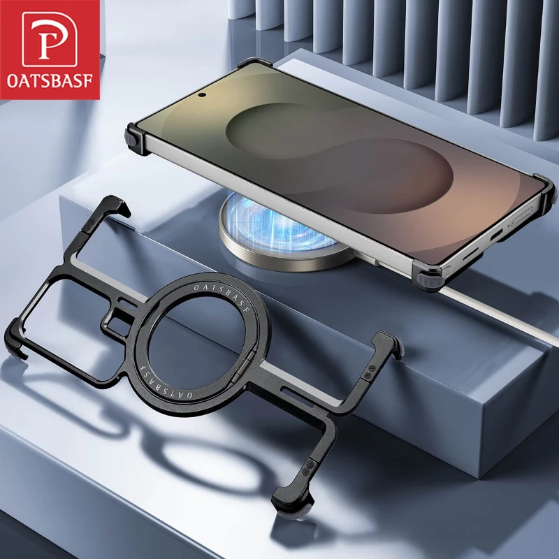 

Oatsbasf металлический безрамный чехол для телефона Samsung Galaxy S25 Ultra с подставкой, магнитная задняя крышка для телефона, противоударный бампер