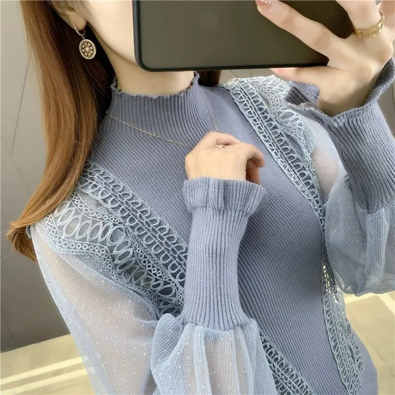 Autumn Winter Women's Solid Pullover Half High Neck Lace Sweater Gauze Ruffles Screw Thread Lantern Long Sleeve Knitted Tops