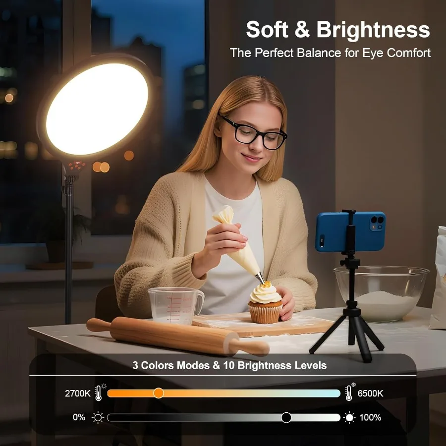 14 مصباح حلقي LED احترافي مع حامل ارتفاع قابل للتعديل لتسجيل الفيديو والبث المباشر مثالي لإنشاء المحتوى o