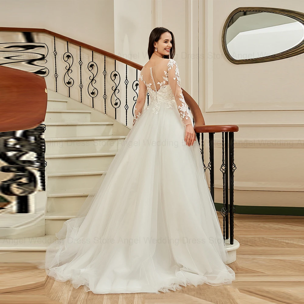 Angelo personalizado elegante vestido de casamento de manga longa colher ilusão volta a linha apliques vestidos de noiva tule com trem varredura