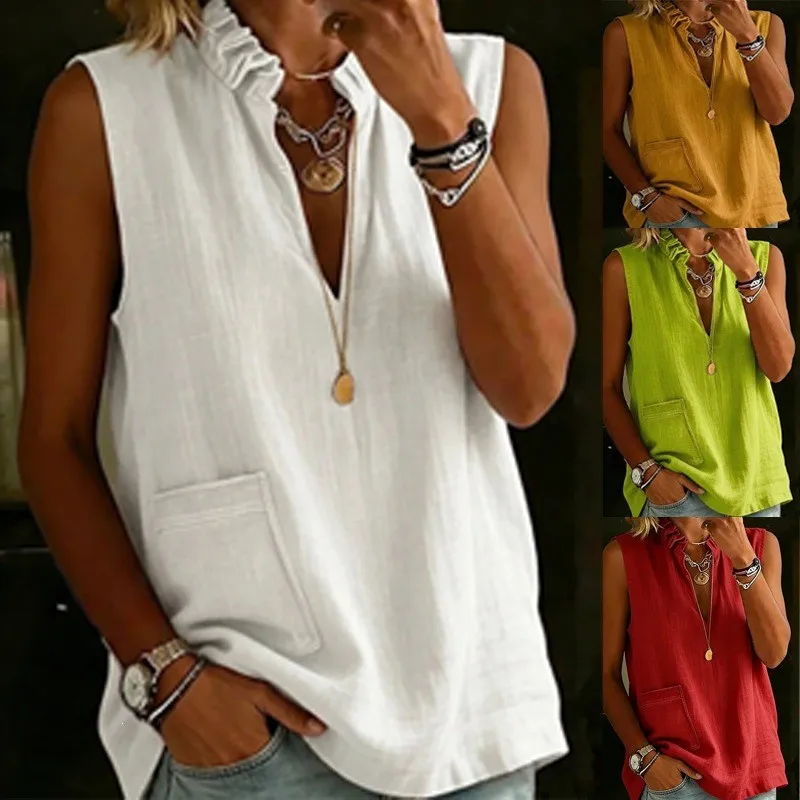 

Spring Women's Clothing Elegant Ruffle Collar Sleeveless Top Loose Fit A Line Shirt For Cotton Linen Blend Casual