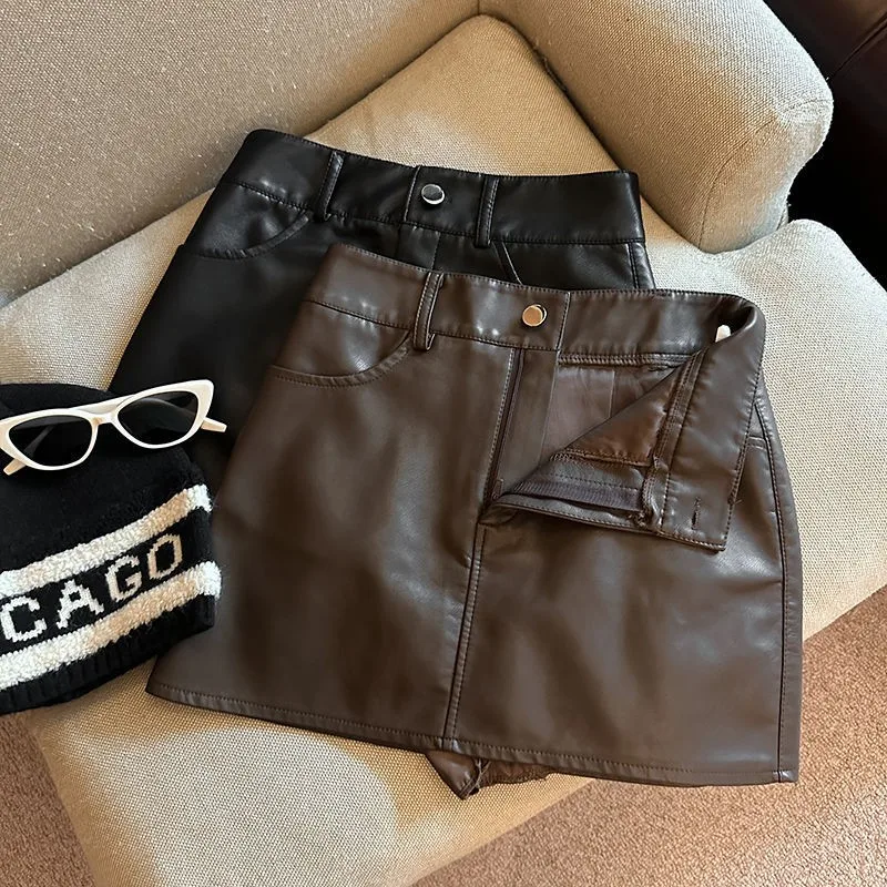 Women's Y2K Clothes Pu Leather Skirt with Button Detail and 3D Decoration Sweet Style for Women High Waist Solid Color Black