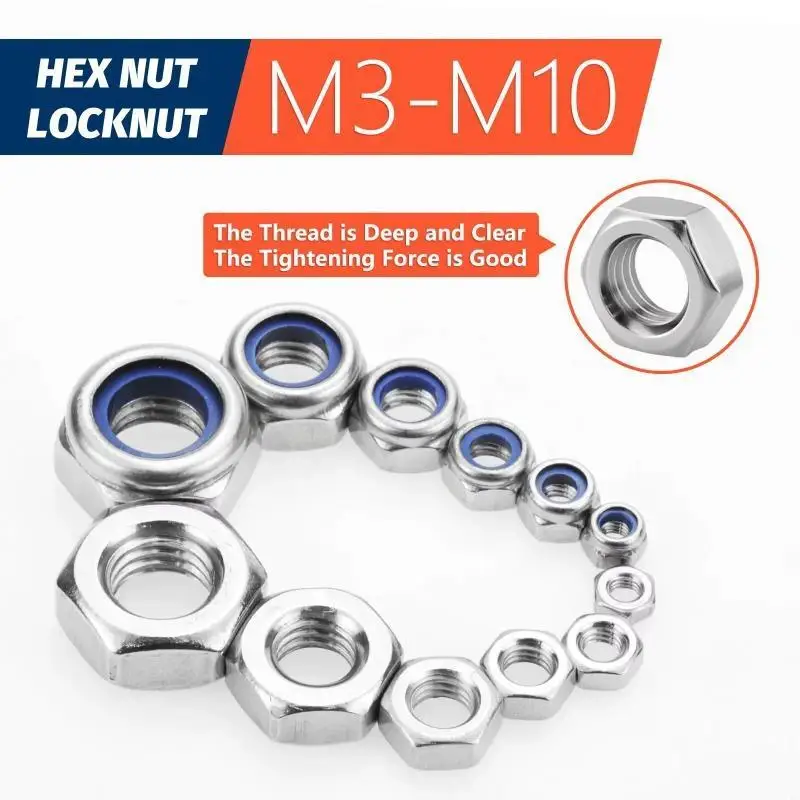 175pcs Stainless Steel Nylon Insert Locknuts Hex Nuts Assortment Kit M3-M10 Metric Assorted Lock Nut Mechanical Repair Hardware
