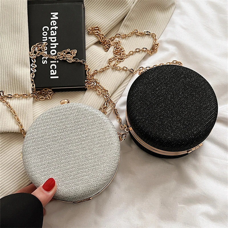 Evening Clutch Bag for Women Fashion Round Dinner Shiny Handbag Female Purse Chain Shoulder Crossbody Bags Banquet Dress Bag