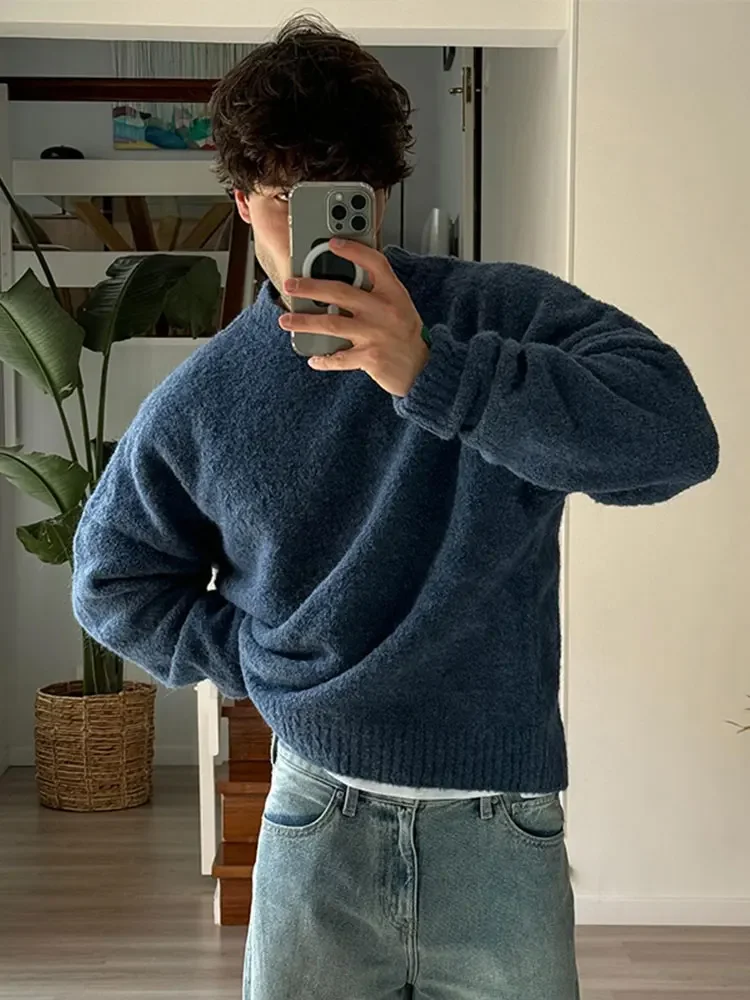 Fashion Solid Fleece Turtleneck Sweater For Male Casual Loose Long Sleeve Knitted Pullover 2024 Autumn Thicken Warm Men\'s Jumper