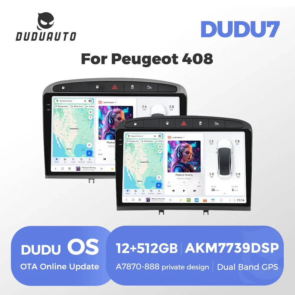 Autoradio sans fil DUDUAUTO DUDU7 CarPlay Android Auto pour Peugeot 408 Peugeot 308 308SW GPS Stéréo 4G WIFI Lecteur multimédia