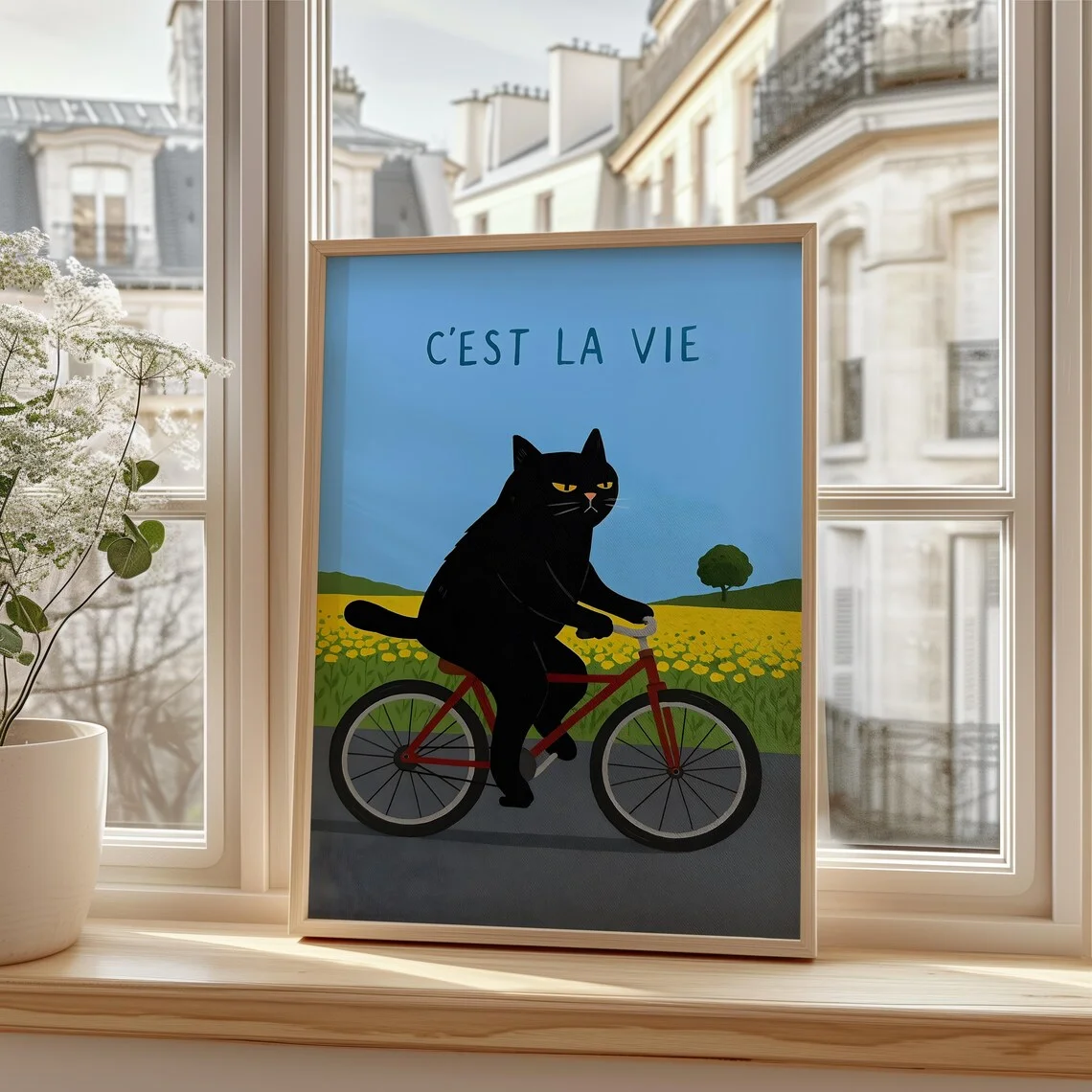Cozy French Cat Adventure Wall Art - Whimsical Pop Art Print Capturing the Essence of "C'est La Vie" with a Cool Cat on a Bike R image 4