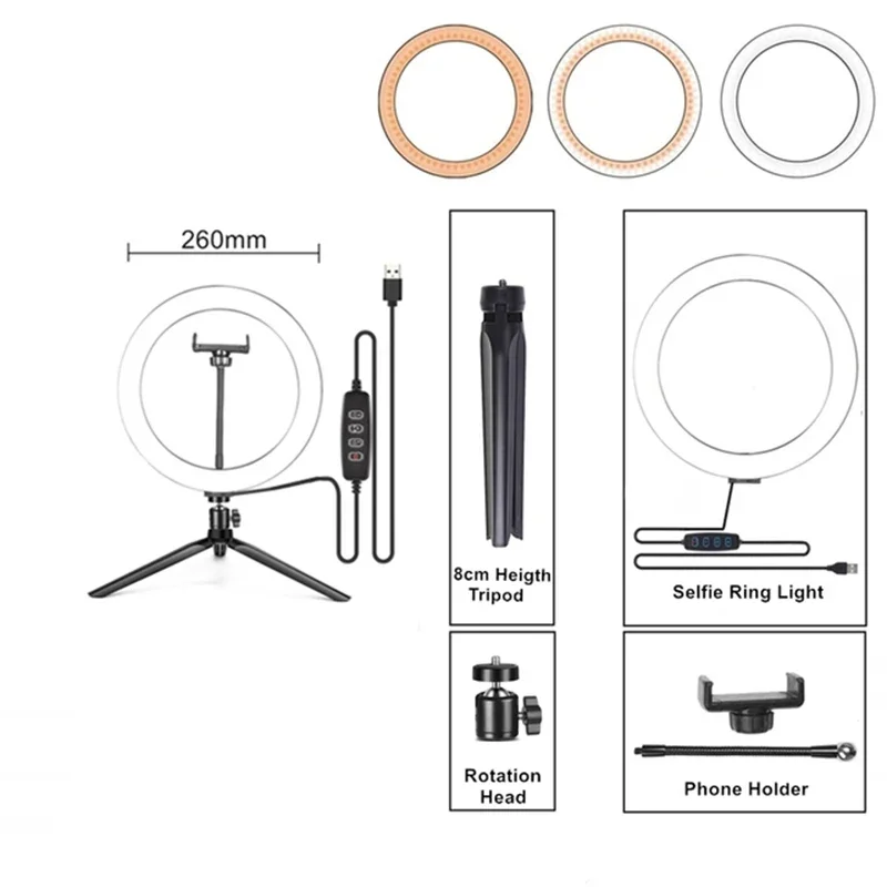 10 Inch 26cm LED Ring Light Selfie Dimmable Photography Lighting Kit USB Charging with Tripod for Live Video