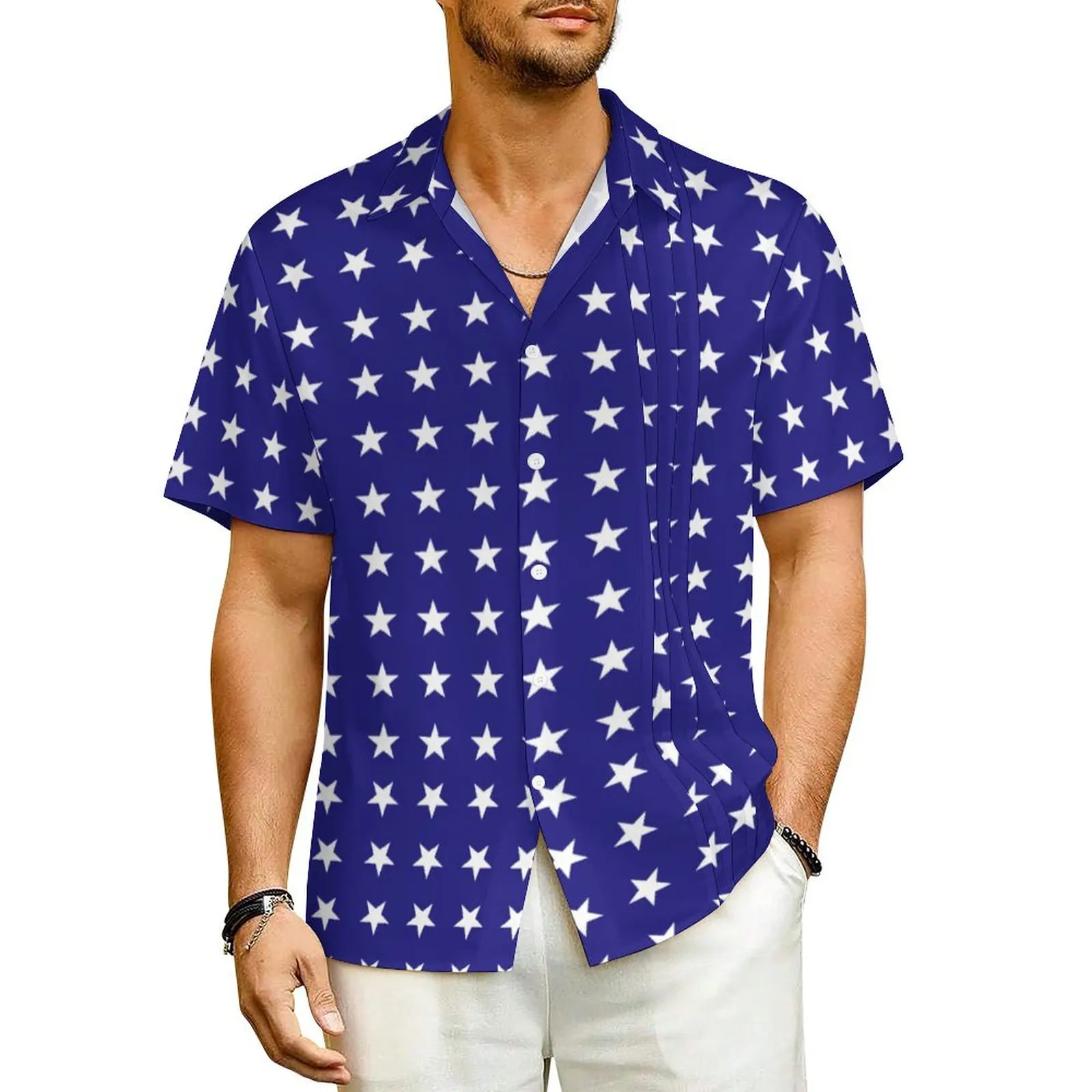 Summer Shirt Beach White Stars Blouses US Flag Print Novelty Casual Shirts Male Short-Sleeve Stylish Oversized Clothing