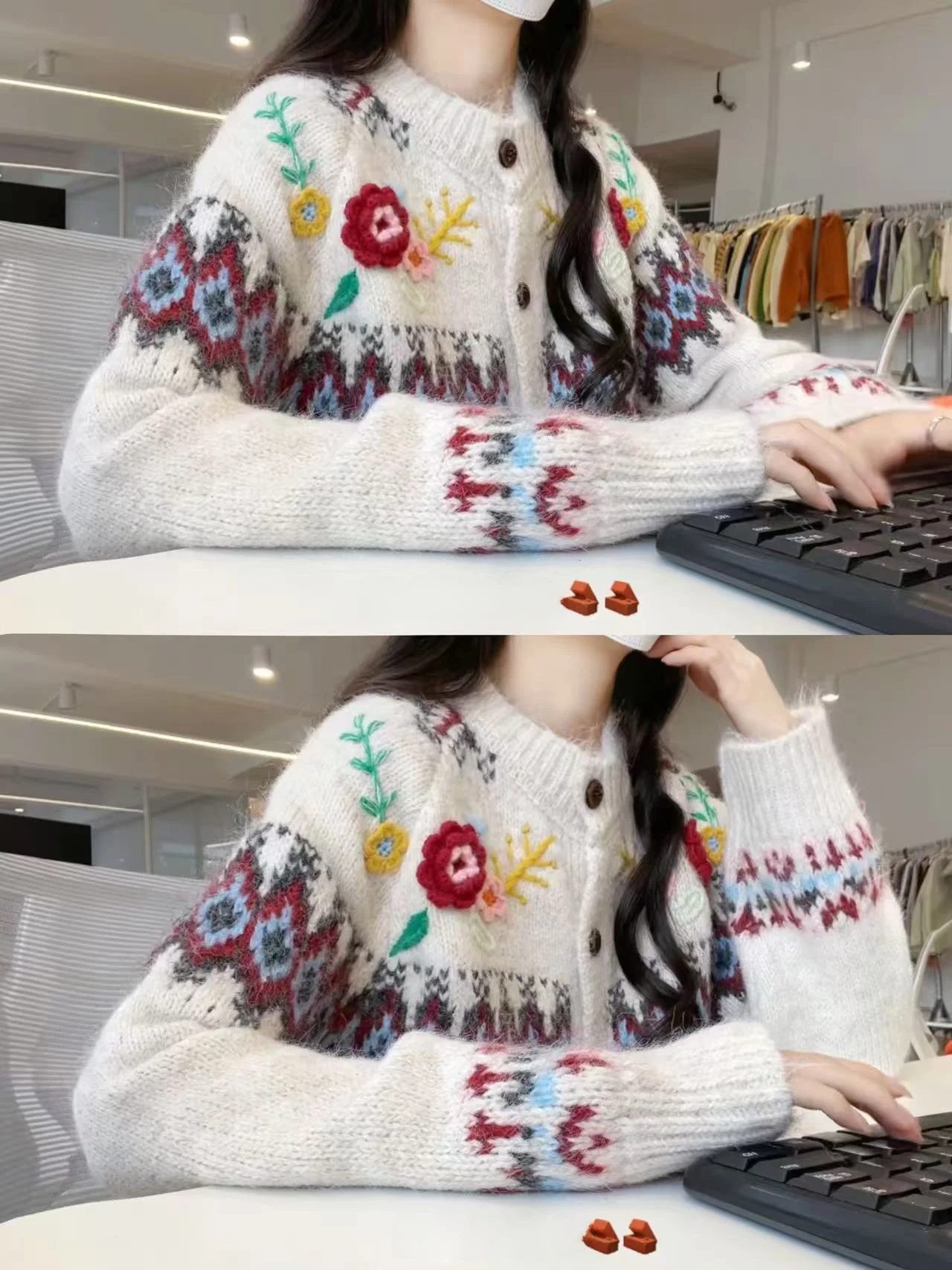 

Amy Autumn Winter New Sle Retro Knitted Quali Sweater Women Loose Lazy Sle Knitted round Ne Flower Open Cardigan Coat