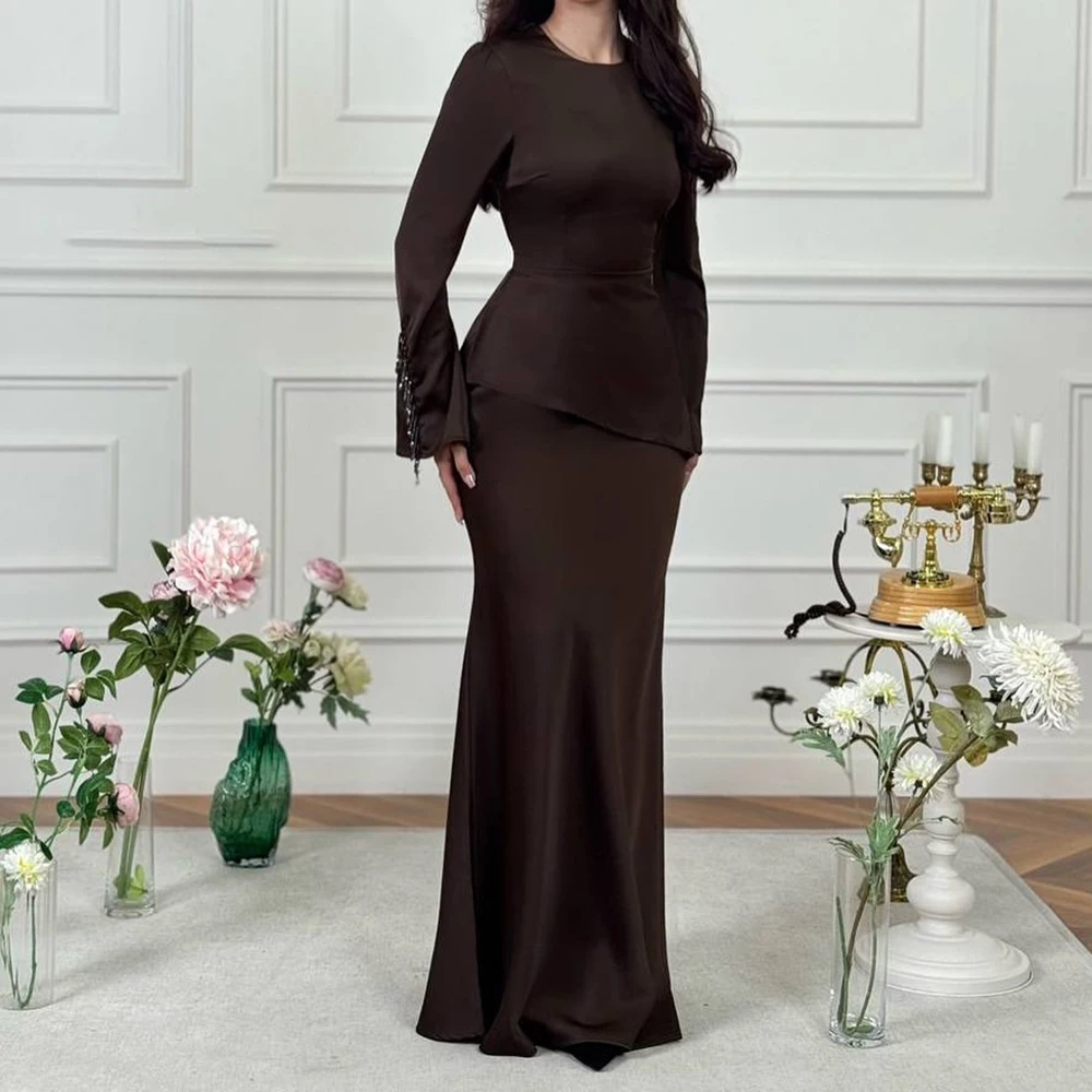 

Вечерние платья трапециевидной формы по индивидуальному заказу длиной до пола, с круглым вырезом и длинными рукавами, платье для выпускного вечера, модное простое драпированное повседневное вечернее платье с кристаллами