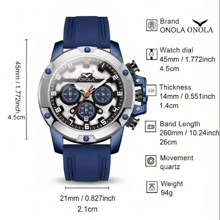 ONOLA Men's Round Quartz Watch, Three‑Eye Multifunctional Chronograph, Military Style, Outdoor Sports, Men's Birthday Gift