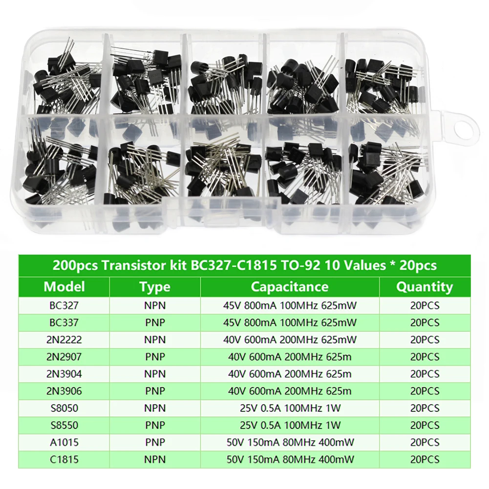 200 قطعة مجموعة الترانزستور صندوق متنوع BC327 BC337 TO-92 2N2222 2N2907 2N3904 2N3906 S8050 S8550 A1015 C1815
