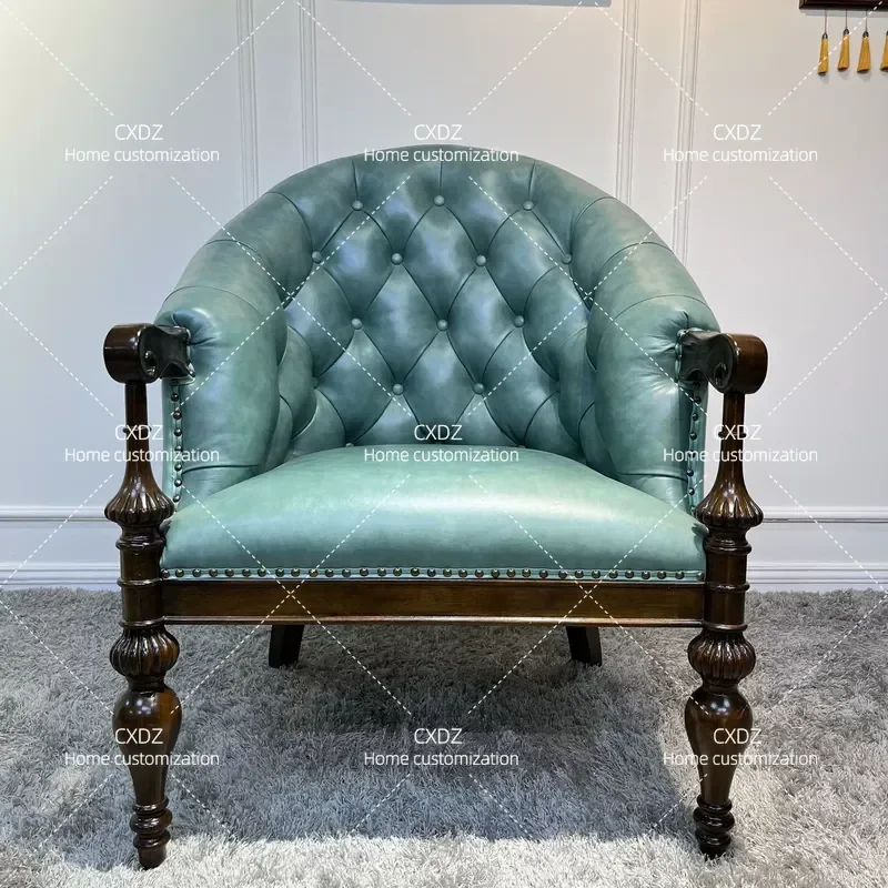 American Solid Wood Leather Sofa Chair Luxury Living Room Leisure Armchair Villa Home Furniture Negotiation Seat