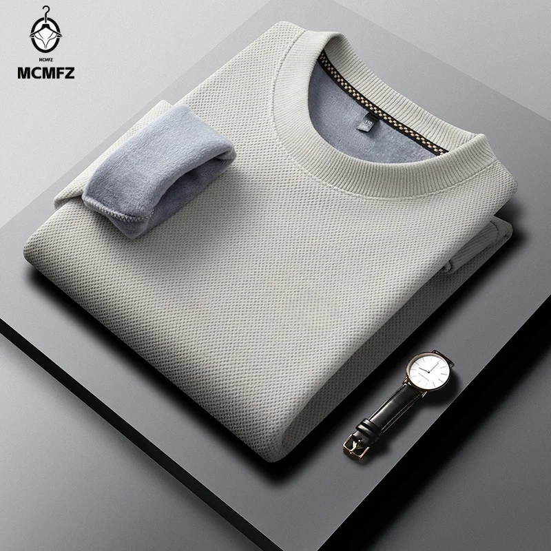 Men Long Sleeve Crew Neck Knit Pullover Waffle Texture Fleece Lined Thick Warm Winter Office And Daily Outfit