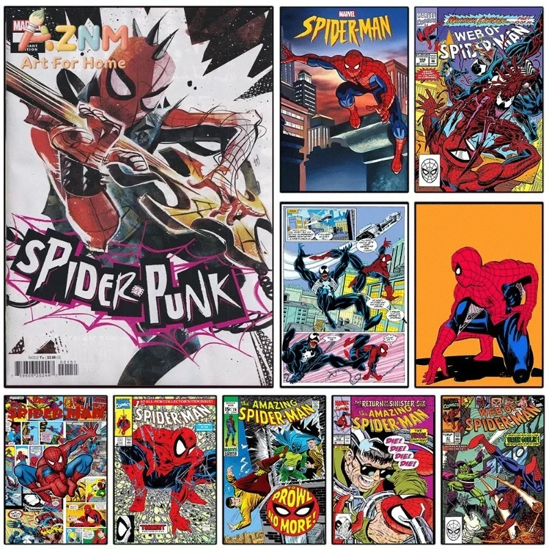 Spider Punk Spider Man Canvas Wall Art Unframed Vintage Comic Cover Superhero Poster Print Home Bedroom Game Room Decor Gift for