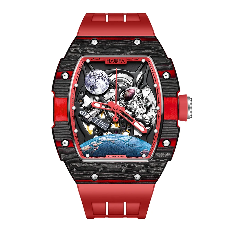 Haofa Moon Rabbit Automatic Spaceship Interstellar Transparent Hollow Mechanica Skeletonl Luminous Chinese style Watch Men 1986