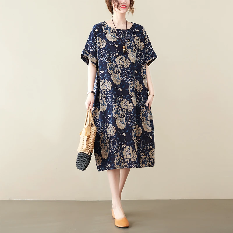 Lino di cotone sciolto Dr plus Size Dimagrante Midi ort Sve Meat Concealing Donna Faionable Artistico Retro Dr