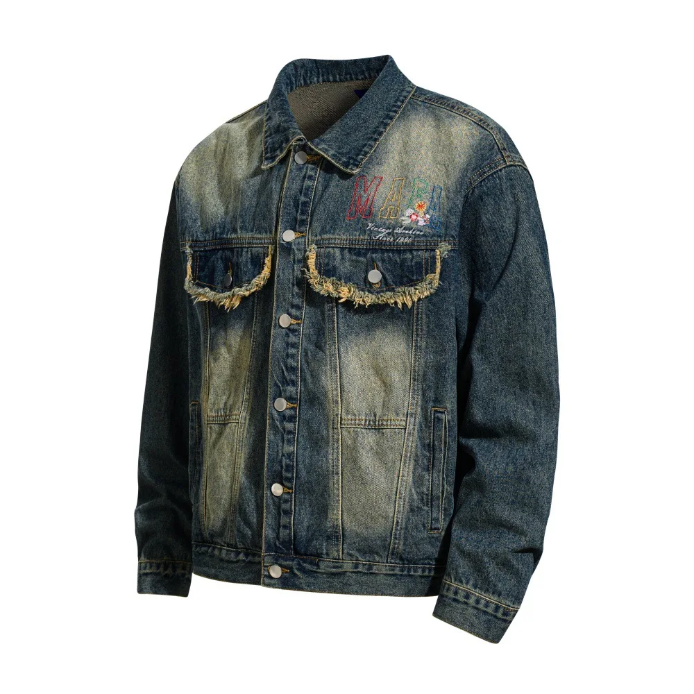 Men's floral  embroidered denim jacket, loose fit, washed retro style, spring and autumn trendy gradient distressed collar jacke