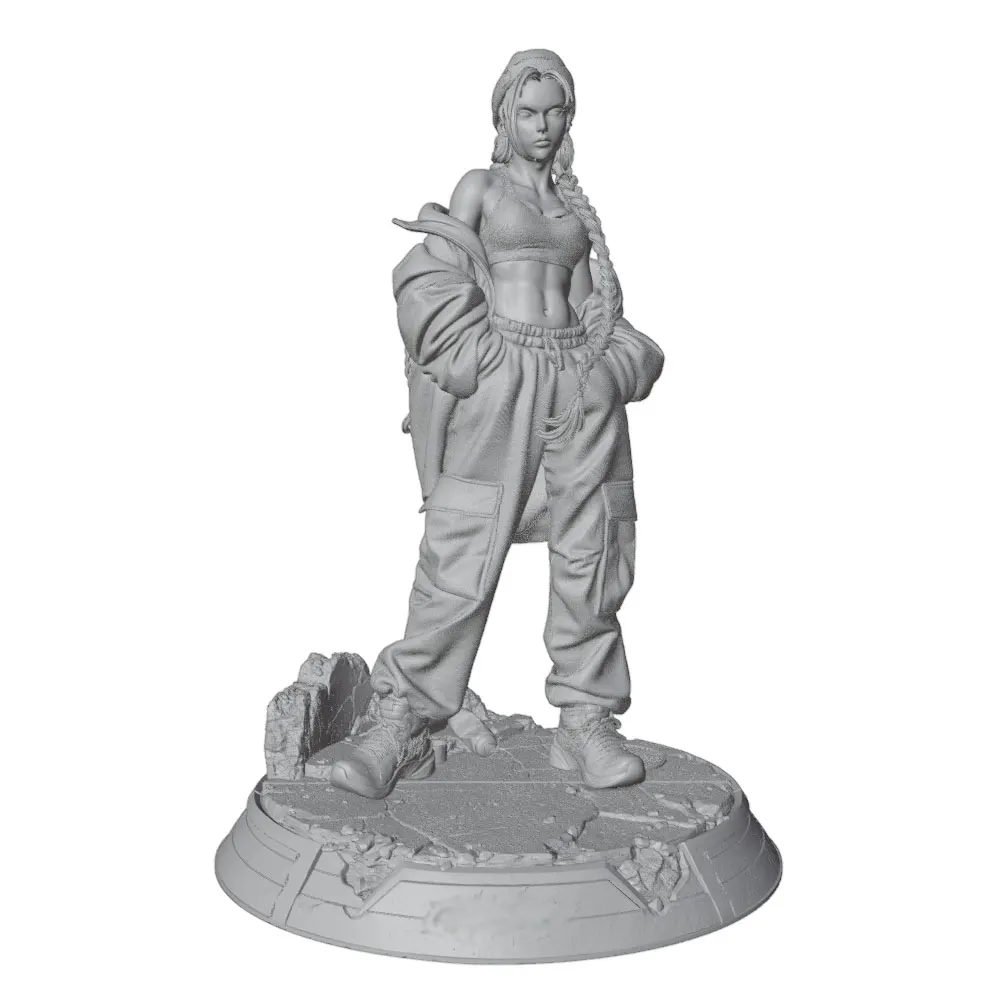 1/24/12/6 Resin model kit of a fighting girl with long braids; miniature 3D-printed grey figure statue; unpainted,unassembled