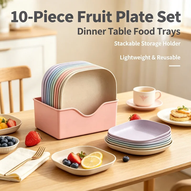 10pcs Plates Bases Set Square Lightweight Bone Spitting Plate Candy Fruit Cookie Cake Dinner Dishes Plates Kitchen Accessories