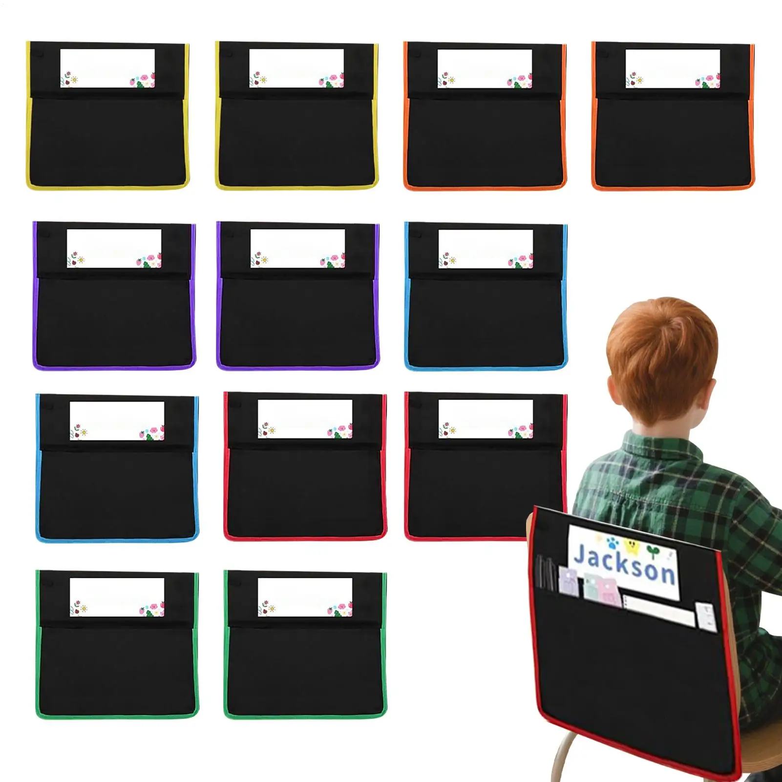 12Pcs/set classroom chair bag Oxford Fabric Chair Seat Pocket With Name Tag child chair back storage bags School Supplies